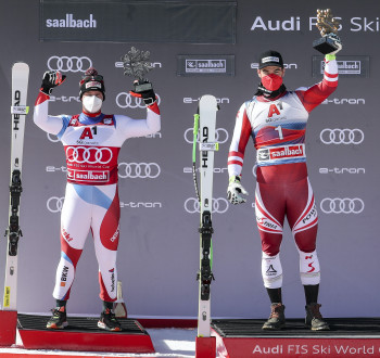 Zwei erfolgreiche Head-Athleten auf dem Podium in Saalbach: Beat Feuz (l.) und Vincent Kriechmayr.