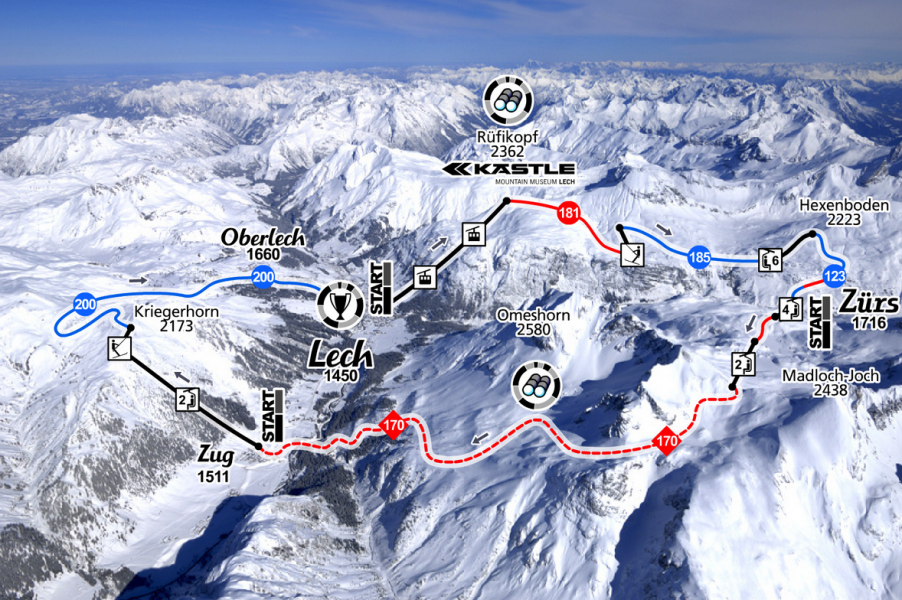 Die Streckenführung der berühmten Skirunde "Der Weiße Ring" am Arlberg.