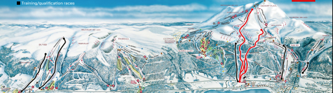 All of the final races (marked red here) take place on Åreskutan mountain and end at Åre's Race Arena.