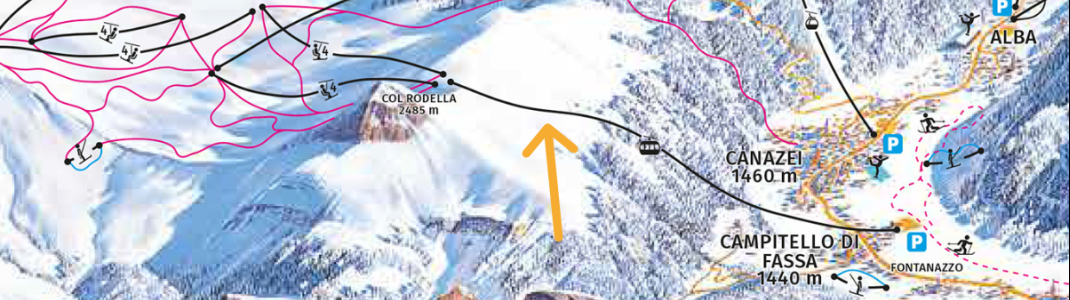 Direkte Anbindung ins Skigebiet: Die neue 3S-Bahn verläuft vom Talort Campitello hinauf zum zentralen Einstieg in die Sellaronda.