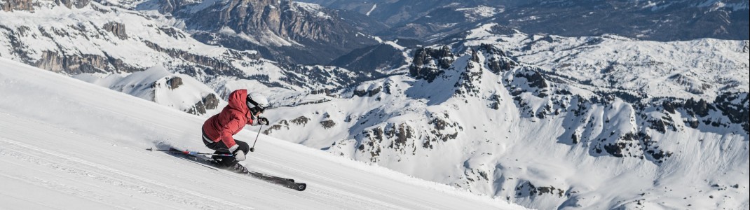 Perfekt für sportliche Fahrer: Im Skigebiet Belvedere-Col Rodella dominieren rote Pisten.