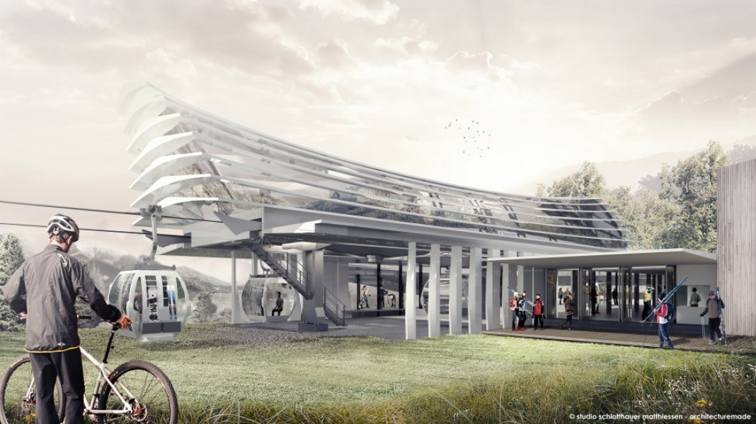Entwurf der neuen Talstation mit dem charakteristischen wellenförmigen Dach aus transparenter Folienhaut.