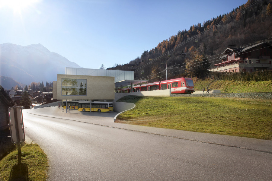 Skizzierung des neuen ÖV-Hub in Fiesch mit Bahnhof, Bus-Terminal und Talstation der neuen Gondelbahn.