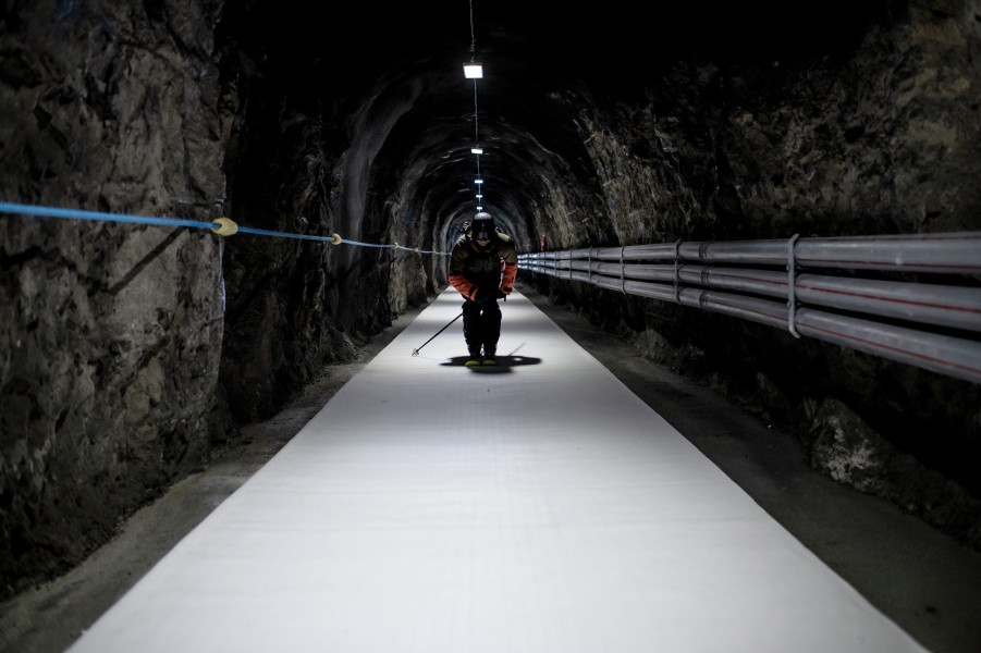 In the tunnel you ski over an indoor ski carpet.