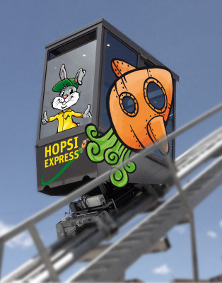 Natürlich darf Maskottchen Hopsi auf dem neuen Express nicht fehlen.