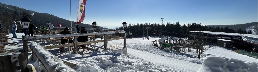 The large terrace at the Gasthaus zum Überleben is in the sun in the afternoon.