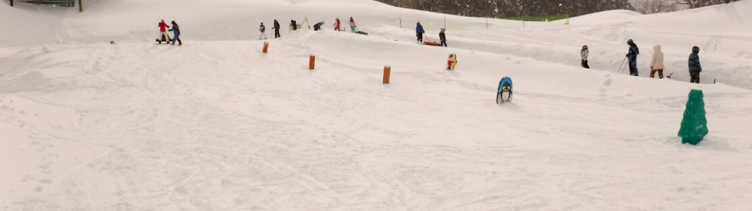 Children learn skiing in the children's park at Hikage Station