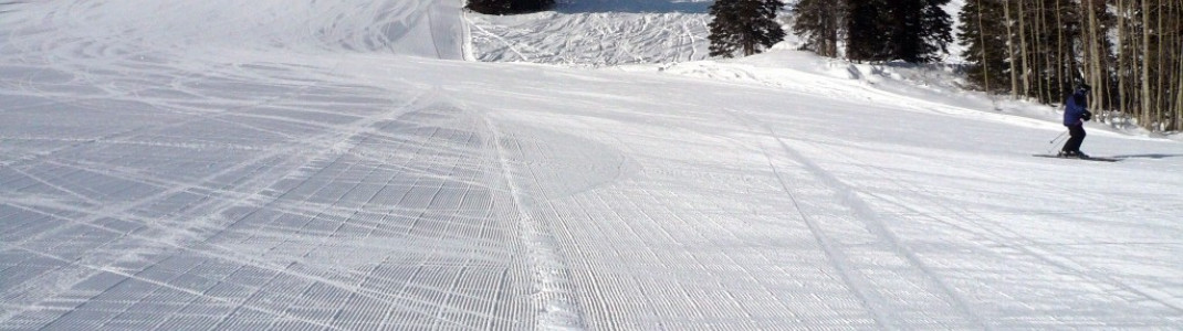 Perfectly groomed slopes are surrounded by moguls