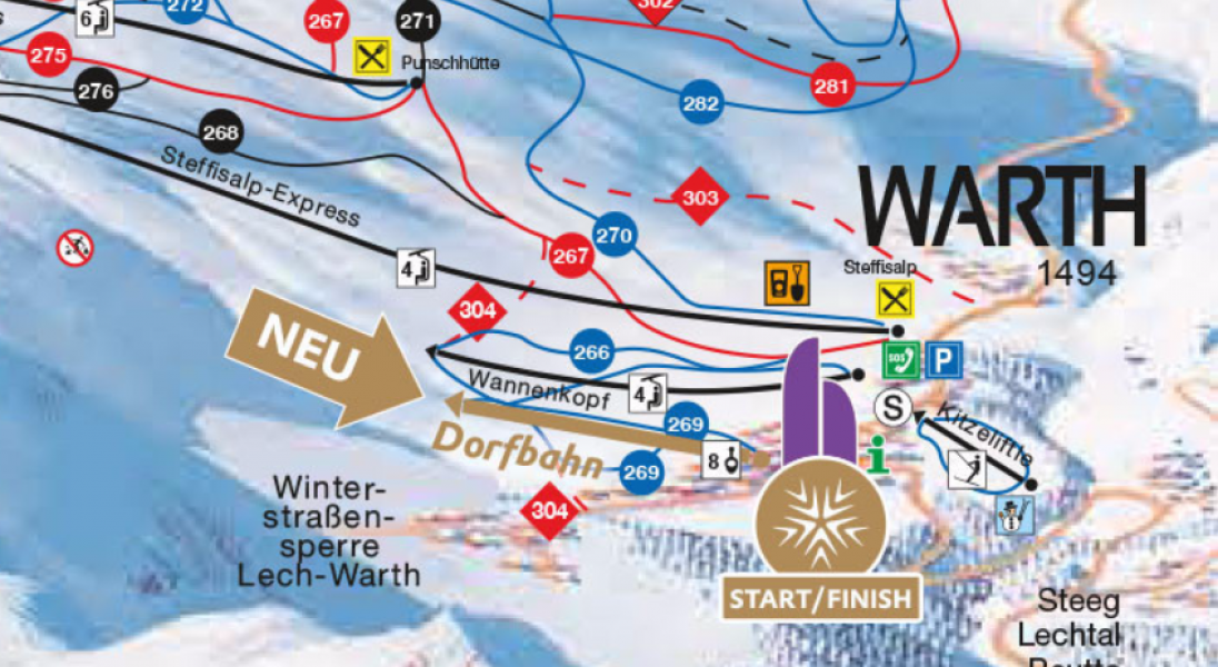 Blick auf den neuen Pistenplan von Ski Arlberg. Nat&uuml;rlich ist die neue Dorfbahn bereits gro&szlig; eingezeichnet.