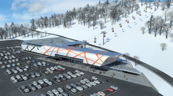 Die neue multifunktionale Talstation bietet eine bessere Anbindung an den öffentlichen Verkehr, zahlreiche Parkplätze, ein Restaurant sowie Skishop, -verleih und -depot.