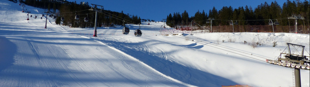 Fortgeschrittene Skifahrer freuen sich über die schwarze Liftschneise (links, Piste J), die mit der 6-er Gondelbahn erreicht wird.