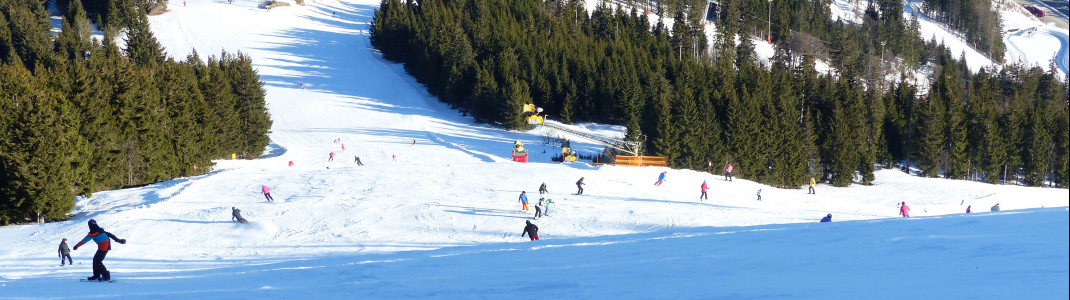 Im Zentrum des Skigebiets befinden sich die roten Pisten A (Böhmerwaldstrecke, rechts) und C (Sonnenhang, vorne rechts).