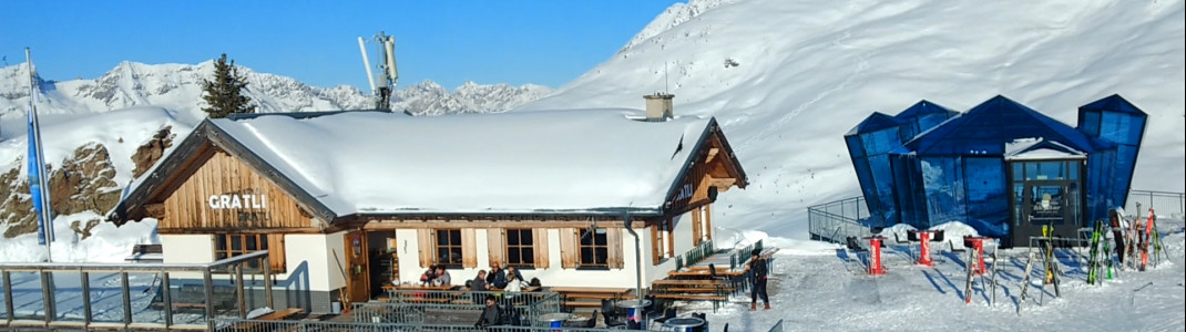 Die Gratli Hütte mit windgeschützter Sonnenterrasse.