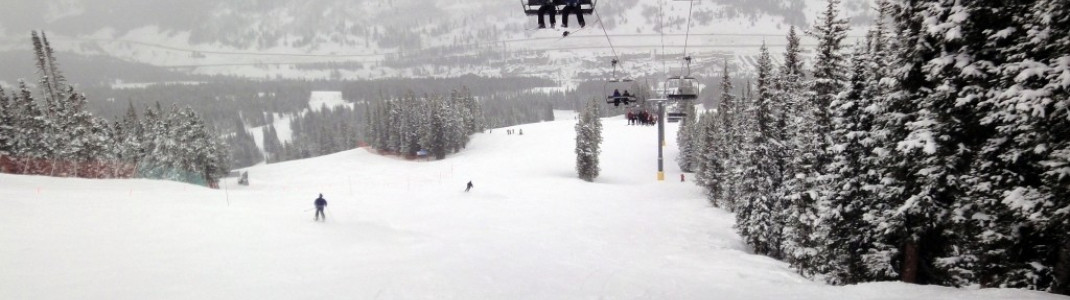 Blick auf eine der zahlreichen roten (in USA blau markierten) Abfahrten am American Eagle Lift!