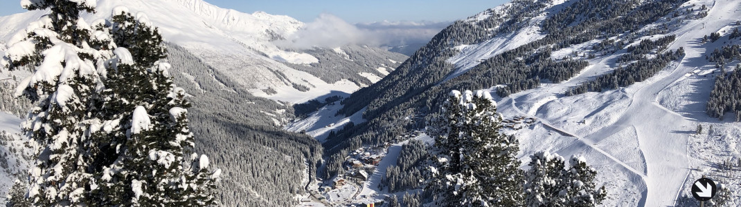 Ausblick von der schwarzen Pfaffenbühel-Abfahrt auf Hochfügen.