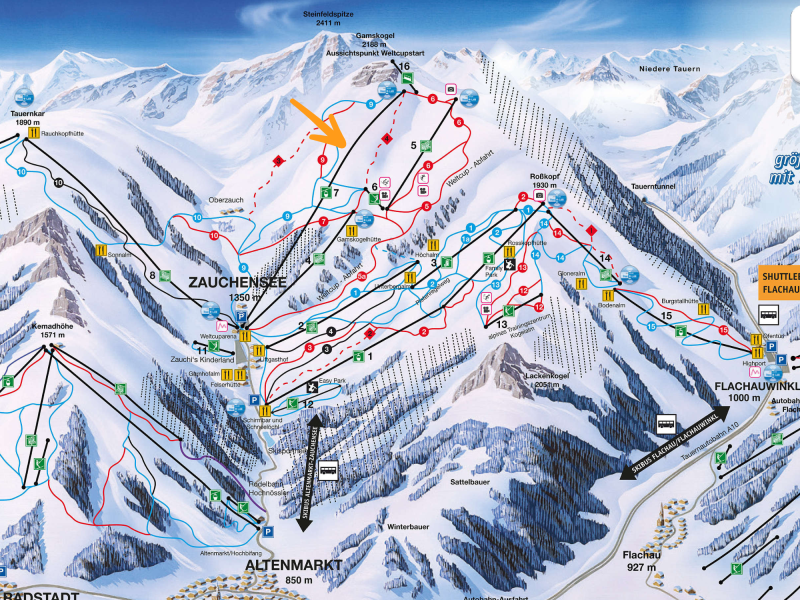 Die Schwarzwandbahn verläuft vom Ortsbereich Zauchensee hinauf ins Gamskogelgebiet auf über 2.100 Meter Höhe.