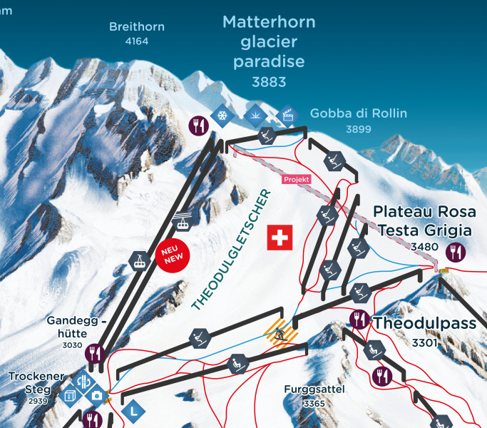Der neue Glacier Ride und die alte Pendelbahn führen fortan parallel vom Trockenen Steg zum Gipfel.