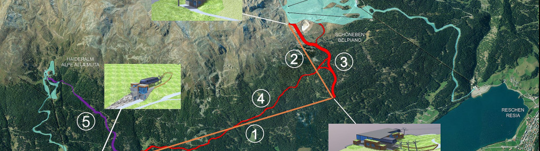 Auch neue Pisten werden gebaut. Die Höllentalpiste (rot markiert) und die Verbindungspiste von der Haideralm zur Mittelstation der Verbindungsbahn (lila markiert).