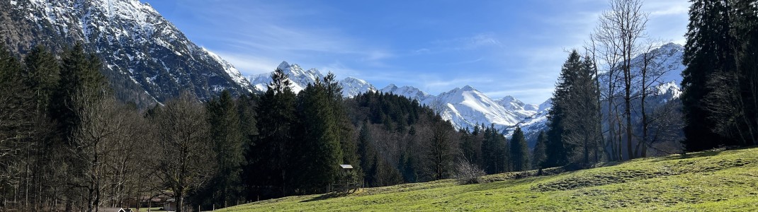 Weiße Gipfel, grüne Wiesen - der Frühling in Oberstdorf bietet viele Freizeitmöglichkeiten.