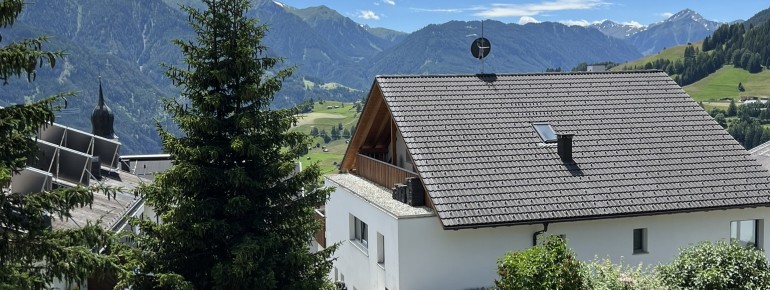 Appartement Fernblick und Dorfblick: Südbalkon mit Blick auf den Garten