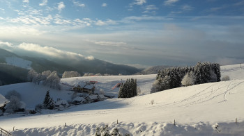 Blick nach Süden von der Panorama Sonnenalm Hochschwarzwald zum Bucklift und den Alpen