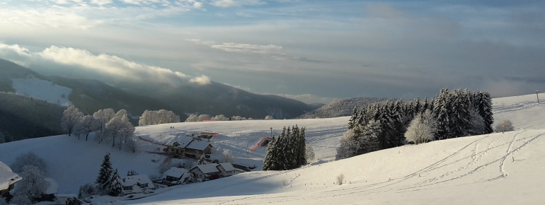 Blick nach Süden von der Panorama Sonnenalm Hochschwarzwald zum Bucklift und den Alpen