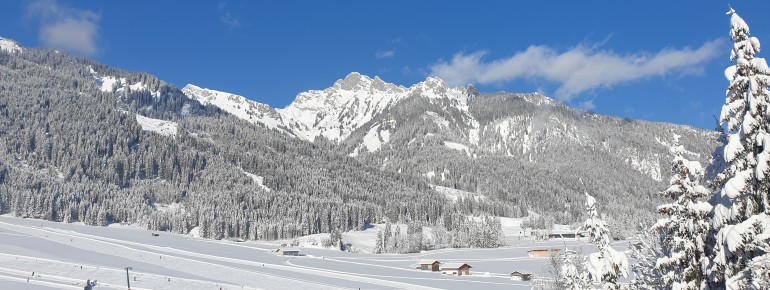 Ausblick Fewo zum kl. Skilift/Loipeim Hintergrund Bergwelt Hahnenkamm