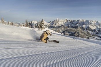 A highlight of the Reiteralm: The red-marked World Cup run "Gasselhöhe" starts at 1,860 meters and leads past the Eiskarhütte to the Jaga Stüberl.