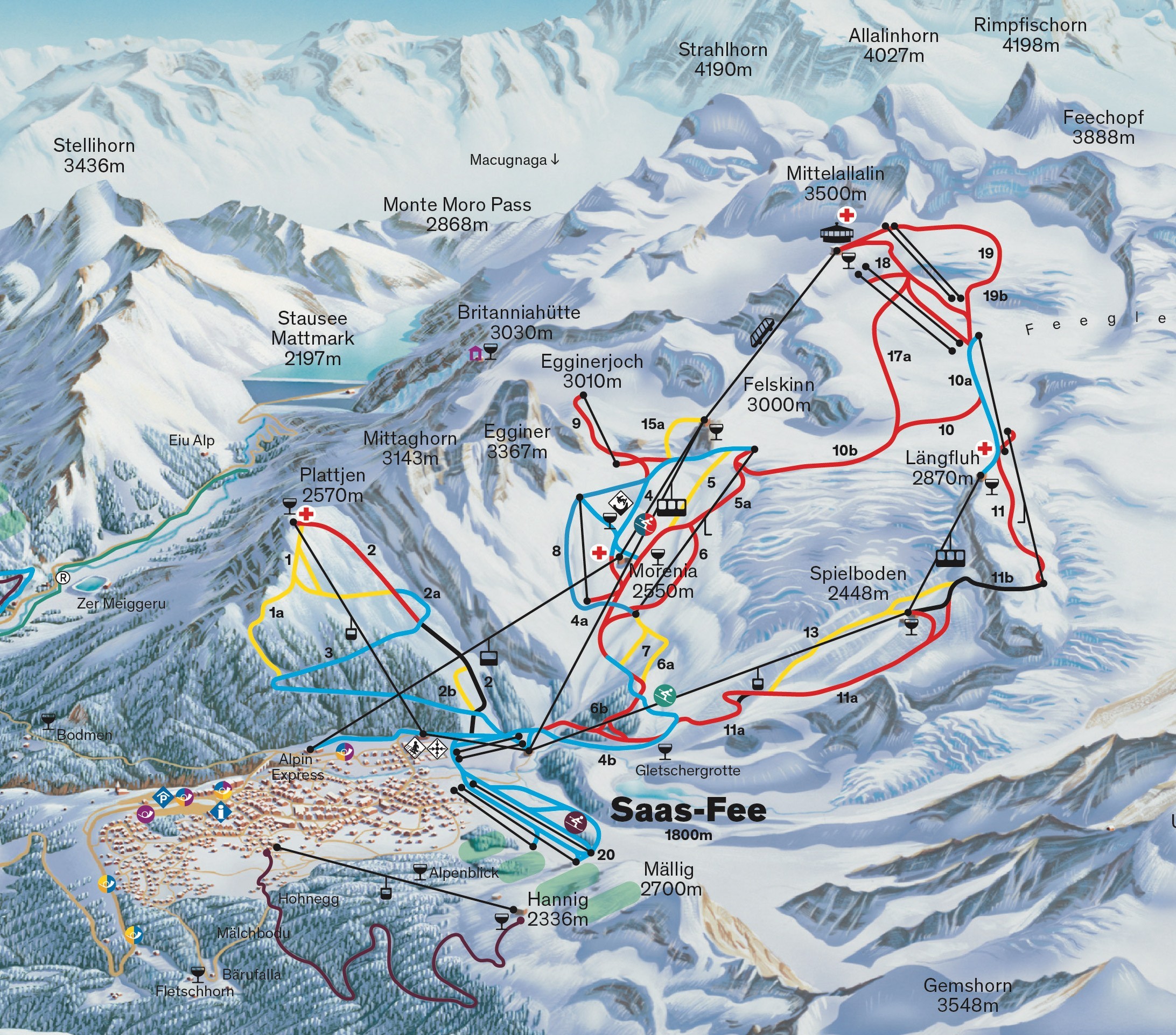 Saas Fee Trail Map • Piste Map • Panoramic Mountain Map