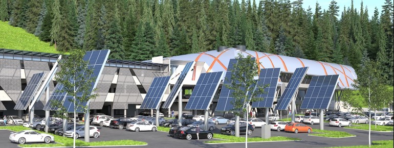 15 Solarbäume werden am Parkplatz der Talstation aufgebaut.