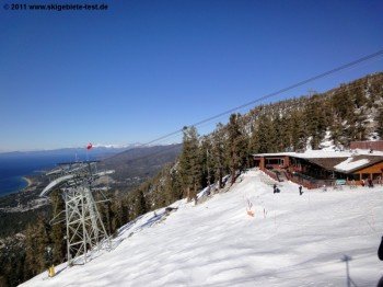 Die Lakeview Lodge an der Bergstation der Aerial Tramway bietet den Gästen eine Sonnenterrasse mit traumhaftem Ausblick auf den Lake Tahoe.