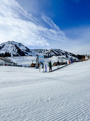 Blick auf das Kinderland mit kostenlos nutzbaren Förderbändern und Skikarussell.