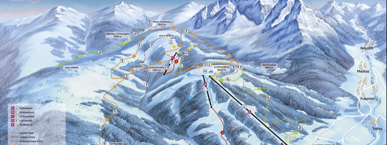 Der Pistenplan des Skigebiets Serlesbahnen in Mieders.