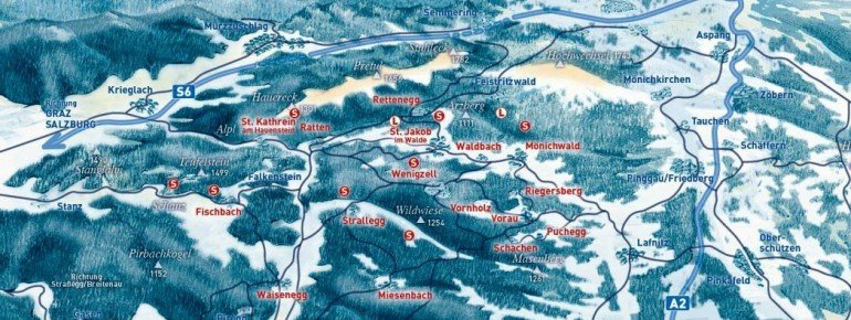 Regionsübersicht mit allen Ski (S) und Loipen (L) gebieten!